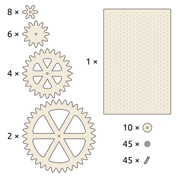 Illustratie inhoud van het product: 1x plaat, 2x tandwiel XL, 4x tandwiel L, 6x tandwiel M, 8x tandwiel S, 10x schijfje, 45x pin, 45x rondel.