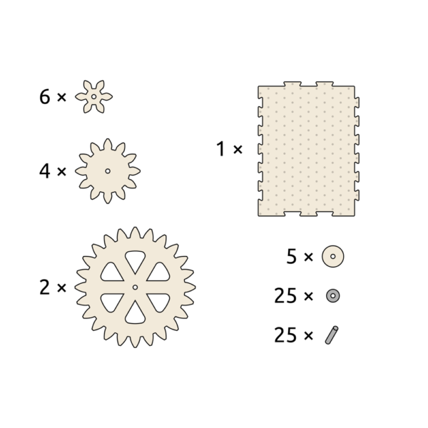 Illustratie inhoud van het product: 1x puzzelplaat, 2x tandwiel L, 4x tandwiel M, 6x tandwiel S, 5x schijfje, 25x pin, 25x rondel.