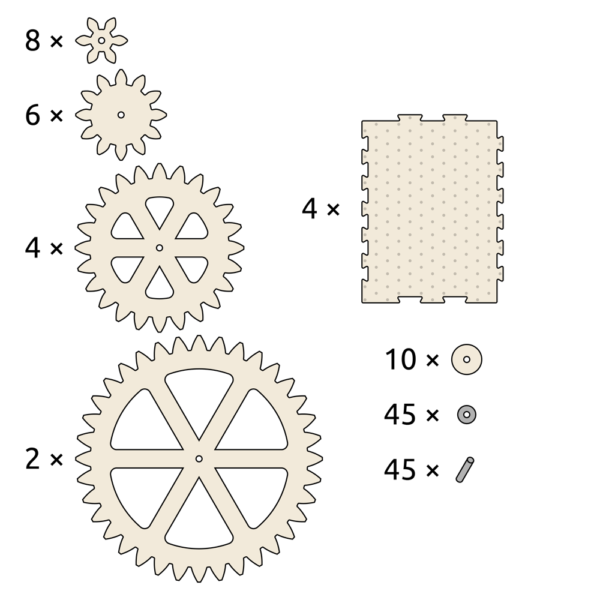 Illustratie inhoud van het product: 4x puzzelplaat, 2x tandwiel XL, 4x tandwiel L, 6x tandwiel M, 8x tandwiel S, 10x schijfje, 45x pin, 45x rondel.