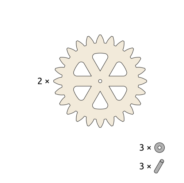 Illustratie inhoud van het product: 2x tandwiel L, 3x pin, 3x rondel.