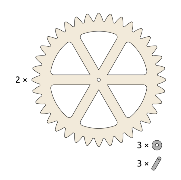 Illustratie inhoud van het product: 2x tandwiel XL, 3x pin, 3x rondel.