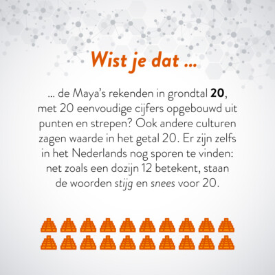 Wist je dat … de Maya's rekenden in grondtal 20, met 20 eenvoudige cijfers opgebouwd uit punten en strepen? Ook andere culturen zagen waarde in het getal 20. Er zijn zelfs in het Nederlands nog sporen te vinden: net zoals een dozijn 12 betekent, staan de woorden stijg en snees voor 20.