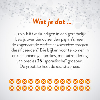 Wist je dat … zo'n 100 wiskundigen in een gezamenlijk bewijs over tienduizenden pagina's heen de zogenaamde eindige enkelvoudige groepen classificeerden? Die blijken voor te komen in enkele oneindige families, met uitzondering van precies 26 "sporadische" groepen. De grootste heet de monstergroep.
