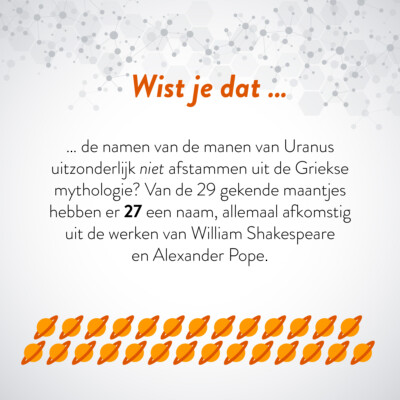 Wist je dat … de namen van de manen van Uranus uitzonderlijk niet afstammen uit de Griekse mythologie? Van de 29 gekende maantjes hebben er 27 een naam, allemaal afkomstig uit de werken van William Shakespeare en Alexander Pope.