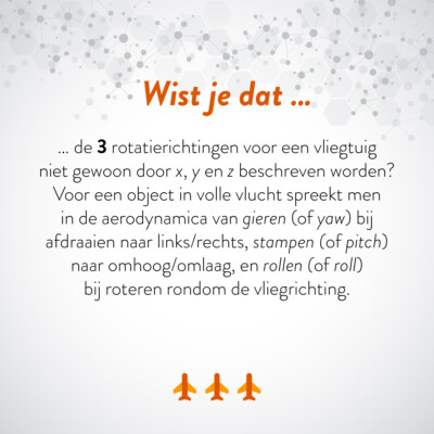 Wist je dat … de 3 rotatierichtingen voor een vliegtuig niet gewoon door x, y en z beschreven worden? Voor een object in volle vlucht spreekt men in de aerodynamica van gieren (of yaw) bij afdraaien naar links/rechts, stampen (of pitch) naar omhoog/omlaag, en rollen (of roll) bij roteren rondom de vliegrichting.