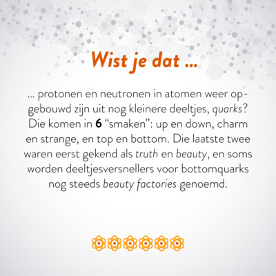 Wist je dat … protonen en neutronen in atomen weer opgebouwd zijn uit nog kleinere deeltjes, quarks? Die komen in 6 "smaken": up en down, charm en strange, en top en bottom. Die laatste twee waren eerst gekend als truth en beauty, en soms worden deeltjesversnellers voor bottomquarks nog steeds beauty factories genoemd.